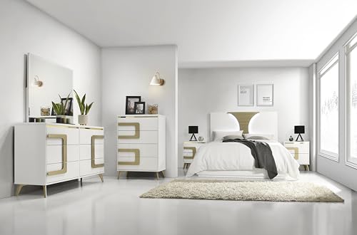 Kings Brand Furniture Claire 6-Piece Queen Size Bedroom Set - Bed with LED Headboard Dresser Mirror Chest and 2 Nightstands White/Gold