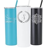 Laser Engraved Personalized Monogram 20 oz Stainless Steel Skinny Tumbler - Includes Straw and Lid -...