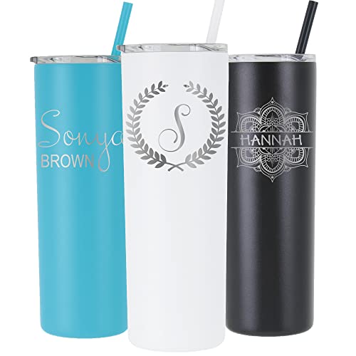 Laser Engraved Personalized Monogram 20 oz Stainless Steel Skinny Tumbler - Includes Straw and Lid - Vacuum Insulated - Bride, Groom, Party Gifts - By Avito