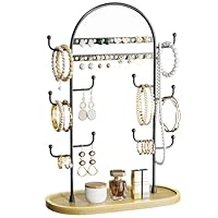 niffgaff 12.9'' Jewelry Stand Jewellery Organiser Necklace Earring Holder Necklace Display Stand Hanging Ring Bracelet Storage Black With Wooden Tray