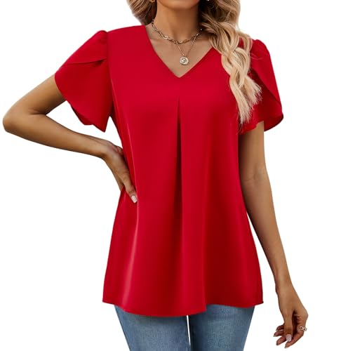 Funlingo Women's Summer Tops Short Sleeve Dressy Chiffon Blouses V Neck Work Tunic Tops Casual Loose T-Shirts2