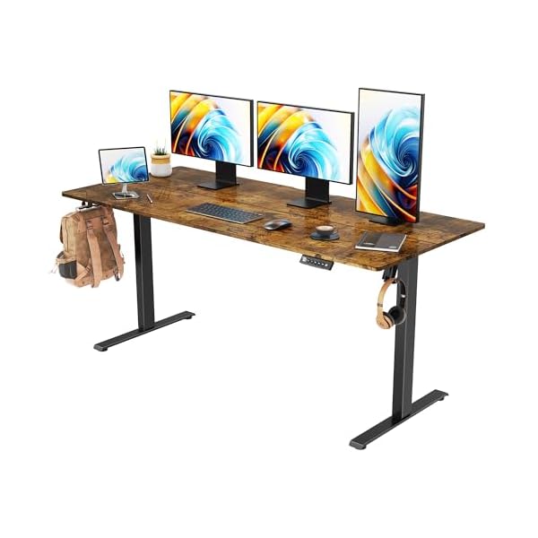 63 x 28 electric standing desk 4 memory preset adjustable height splice board 4 wheels stand up sit stand rising computer table home office workstation 2 headphone hook rustic brown  urban country home decor