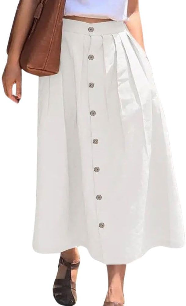 chouyatou Women's High Waisted Button Front Skirt A-Line Pleated Cotton Midi Long Skirt with Pockets