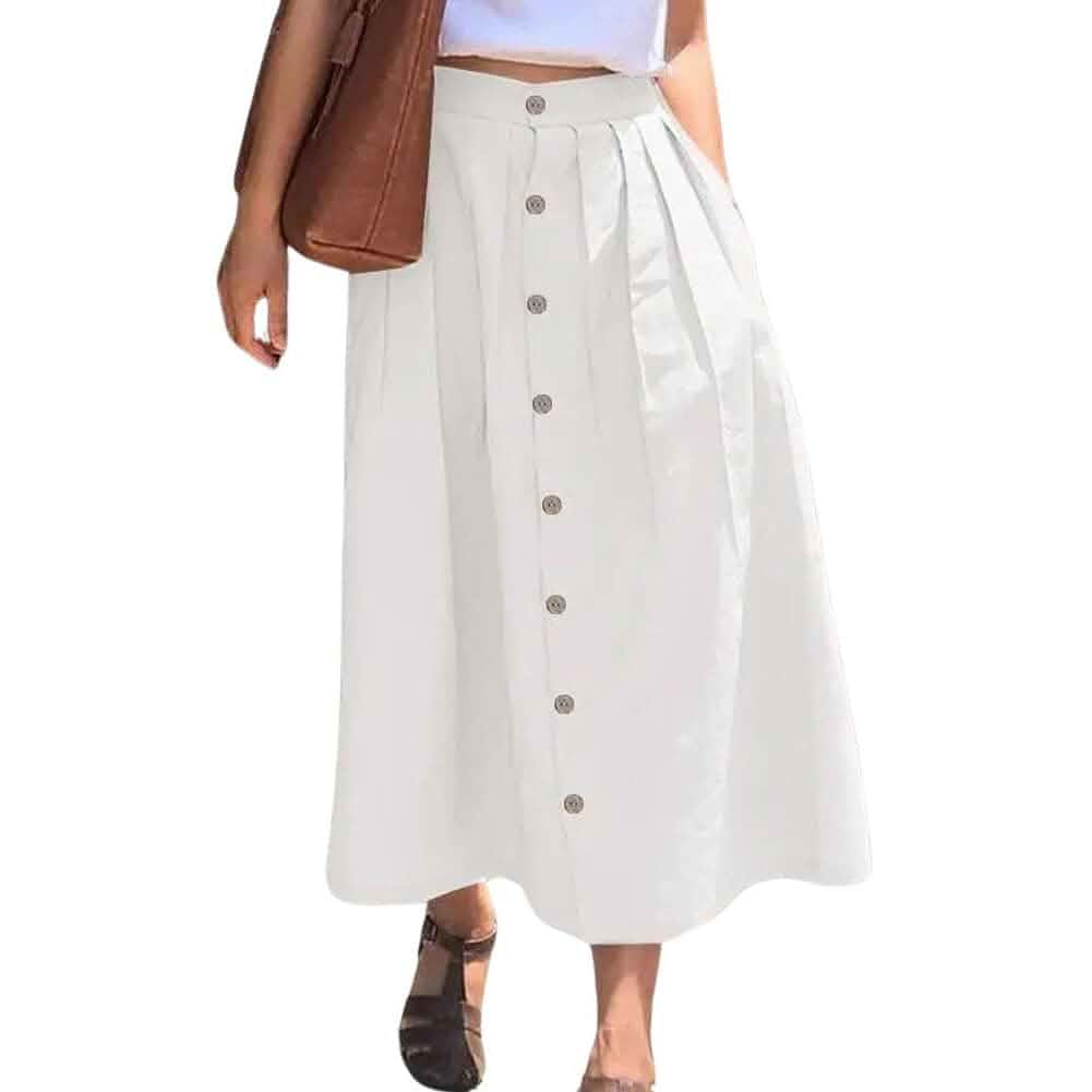 chouyatou Women's High Waisted Button Front Skirt A-Line Pleated Cotton Midi Long Skirt with Pockets