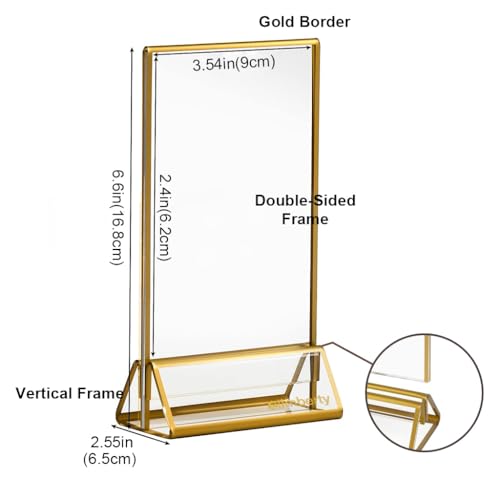 Image of Climberty 6 Pcs A6 Acrylic Gold Signage Holders,4 X 6 Inch Clear Picture Frames With Gold Borders And Vertical Stand,Double Sided Table Menu Display Stand For Restaurant Signs,Wedding Table And Photos