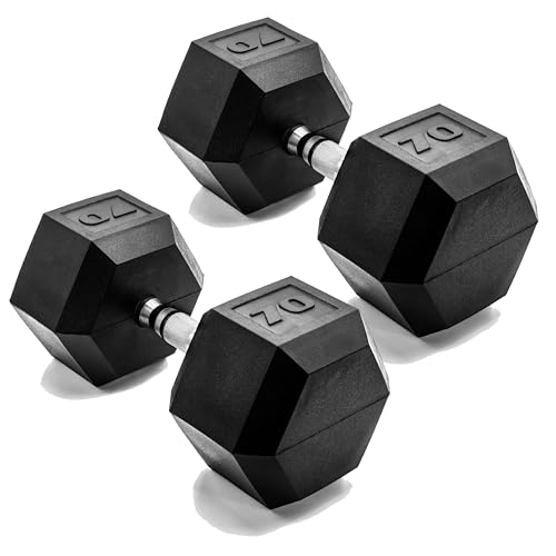 CAP 70 LB Rubber Coated Hex Dumbbell Weight Rubber Free Weights for Home Gym Strength Training Chrome Handle Pair