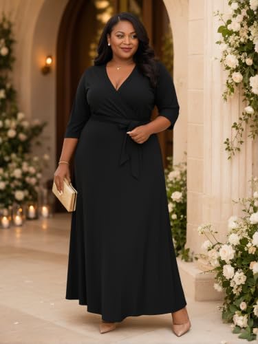 Image of SUZONANA Plus Size Maxi Dresses for Curcy Women Casual Loose 3 /4 Sleeve Long Dress with Belt