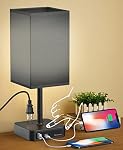 Touch Control Bedside Table Lamp with USB C & USB A Charging Port and 2 AC Outlet, Minimalist LED Desk Light with Charger Base Black Fabric Shade for Bedroom/Nightstand/Office