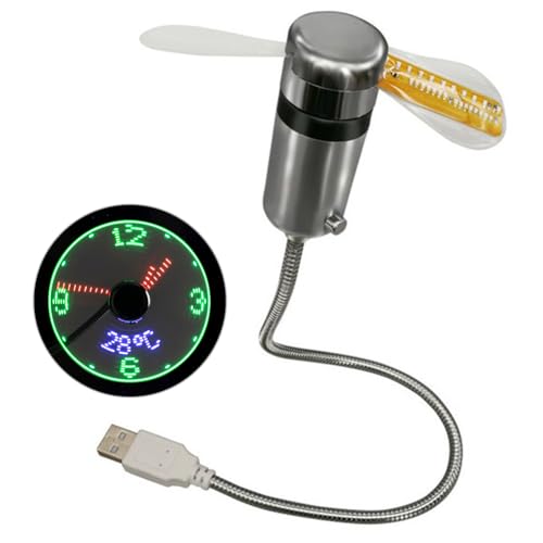 HTU Small Night Light Time Temperature Display LED Clock Fan DC 5V Mini Cooling Flashing Fan USB Powered Flexible Gooseneck LED Clock Real Time Display for Laptop PC Notebook