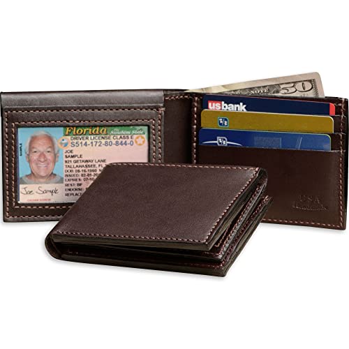 Premium Full Grain Bridle Leather Men’s Bifold Wallet With Flip Up ID Window – Brown - Made in USA2