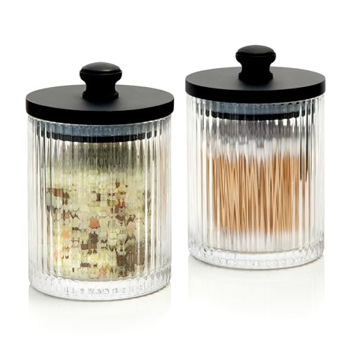 Mason-Fable-Ribbed-Glass-Bathroom-Jars-Set-of-2-Farmhouse-Style-Storage-Canister-with-Airtight-Black-Wooden-Lids-Cotton-PadSwabQ-tip-HolderBath-SaltClear-Vanity Mason & Fable Ribbed Glass Bathroom Jars | Set of 2 Farmhouse Style Storage Canister with Airtight Black Wooden Lids | Cotton Pad/Swab/Q tip Holder/Bath Salt/Clear Vanity - Image 1