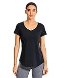 CRZ YOGA Women's Pima Cotton V-Neckline Workout Shirts Loose Fit Yoga Short Sleeves Running Tops Black Large