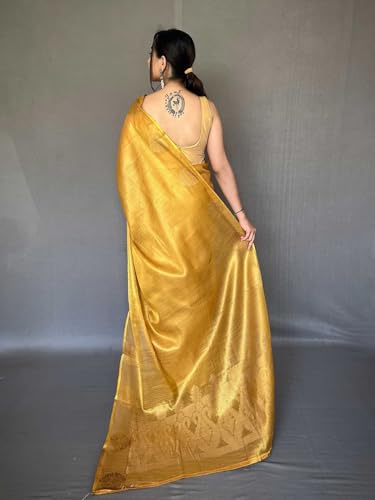 Image of SWORNOF Gold-Toned Woven Design Silk Zari Tissue Saree | Saree for Women | Soft and Skin Friendly