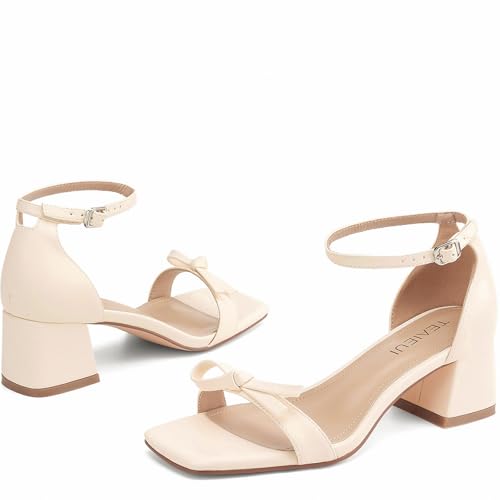 Image of TEAIEUI Block Heels for Women, Square Open Toe Heeled Sandals, Chunky Ankle Strap Shoes for Dress, Party, Prom, Low Heel 2 inch