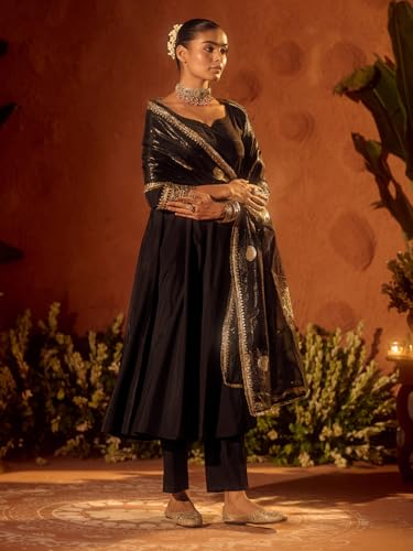 Image of FIORRA Women's Black Viscose Chanderi Embroidered Ethnic Anarkali Kurta Set with Dupatta