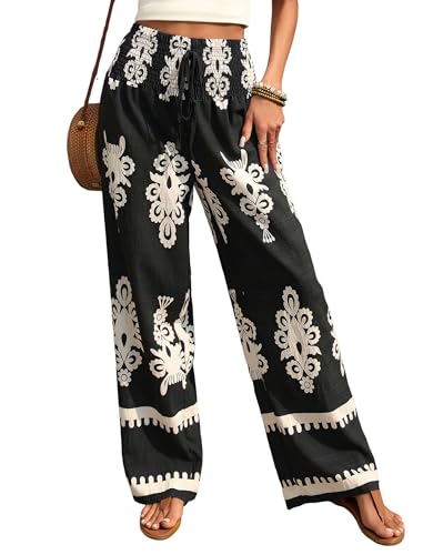ZAFUL Boho Pants for Women Summer Wide Leg Palazzo Pants Black
