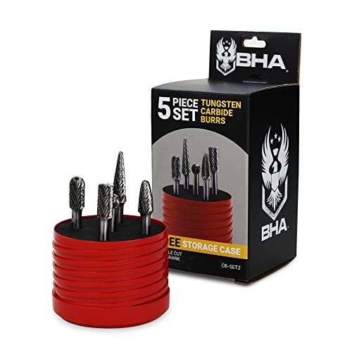 BHA Tungsten Carbide Burr Die Grinder Rotary Tool Bit Set for Metal Contouring and Deburring, Double Cut with 1/4” Shank - 5 Pieces