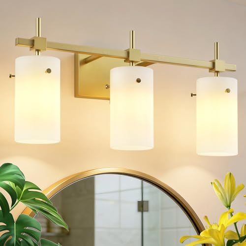 Image of SOLFART 3-Light Bathroom Vanity Light, Modern Brushed Gold Wall Lights with Milky White Clear Glass Shades, Bathroom Wall Sconce Lamp for Mirror Living Room Bedroom Hallway (Bulbs Not Included)