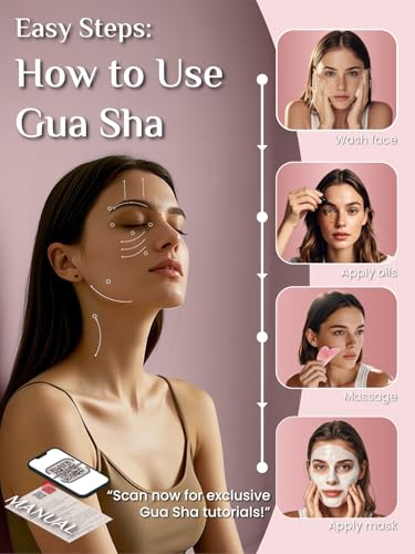 Image of Rena Chris Gua Sha Facial Tools, Rose Quartz Guasha Tool for Acupuncture, Manual Massage Tool for Jawline Sculpting and Puffiness Reducing, Gua Sha Facial Massage Tool with Silicone Case (Rose Pink)