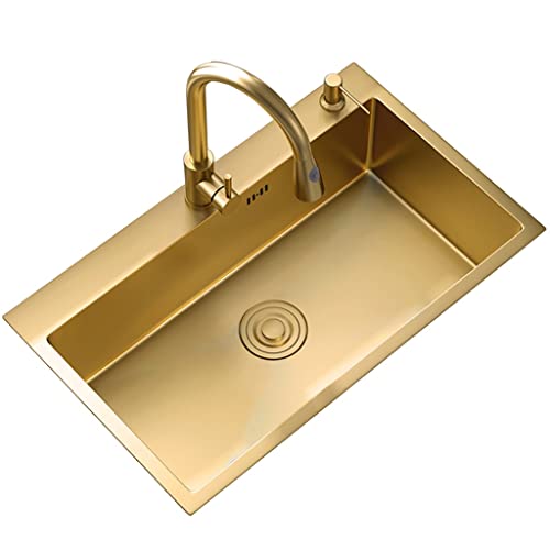 Kitchen Single Bowl Sink Counter Square Sink With Pull-out Faucet And Installation Kit Drop-In Or Kitchen Essentials (Gold 60x45