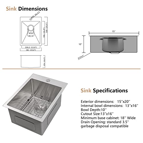 15 Drop In Bar Sink - Dcolora 15 X 20 Inch Stainless Steel Topmount Bar Prep Sink 16 Gauge With Round Corner X Grooves Single Bowl Kitchen Sink Top Above Counter Rv Camper Bar Sink Utility Basin #TOP4