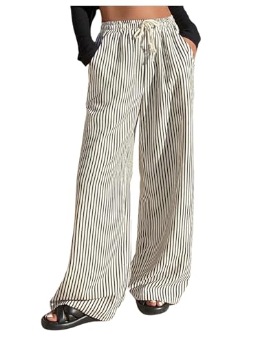 GORGLITTER Women's Striped Linen Pants Wide Leg Drawstring Causal Trousers Streetwear Apricot and Black X-Large