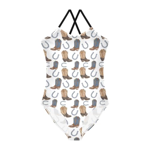 senya Girls Swimsuits One-Piece Swimwear Tie Bathing Suit Beach Summer Round Neck 7-8T Boots Horseshoe Pattern