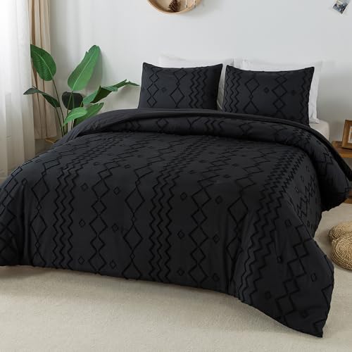 Image of Andency Black Tufted Comforter Set Queen(90x90Inch), 3 Pieces(1 Tufts Comforter, 2 Pillowcases) Boho Textured Farmhouse Bed Set, Down Alternative Geometric Bedding