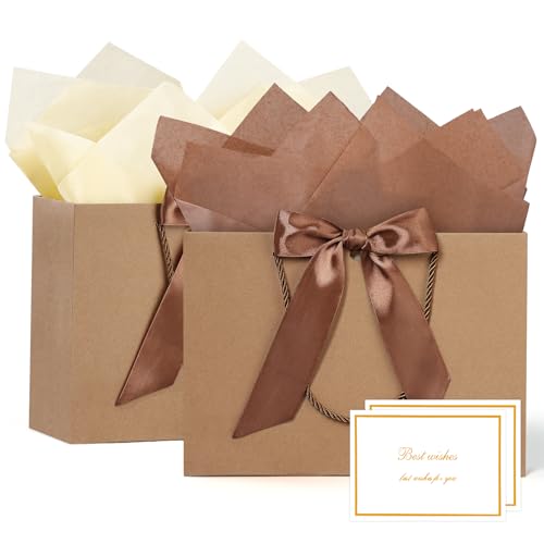 Image of JMANNI Gift Bags with Handles, 11 inch Small Gift Bag for Presents, 2 Pcs Bags with 4 Tissue Paper and 2 Cards for Baby Shower Wedding Bridal Shower Mother's Day Birthday Party (Kraft)