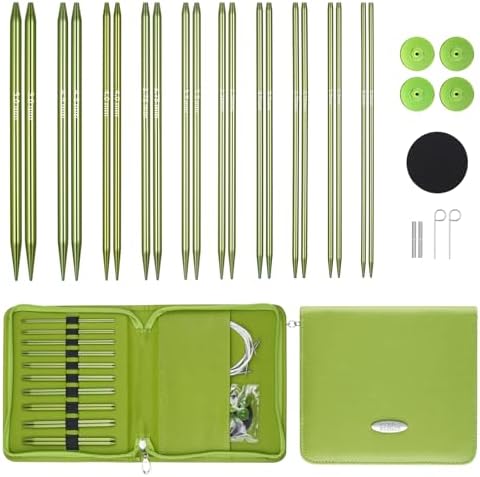 Guclud 4.5-inch Interchangeable Circular Knitting Needles Set | US 1-8 (2.2-5mm) | Includes 10 Pairs of Metal Circular Needles | 4 Cables (16", 24", 32", and 40"), Accessories & Case (Green)