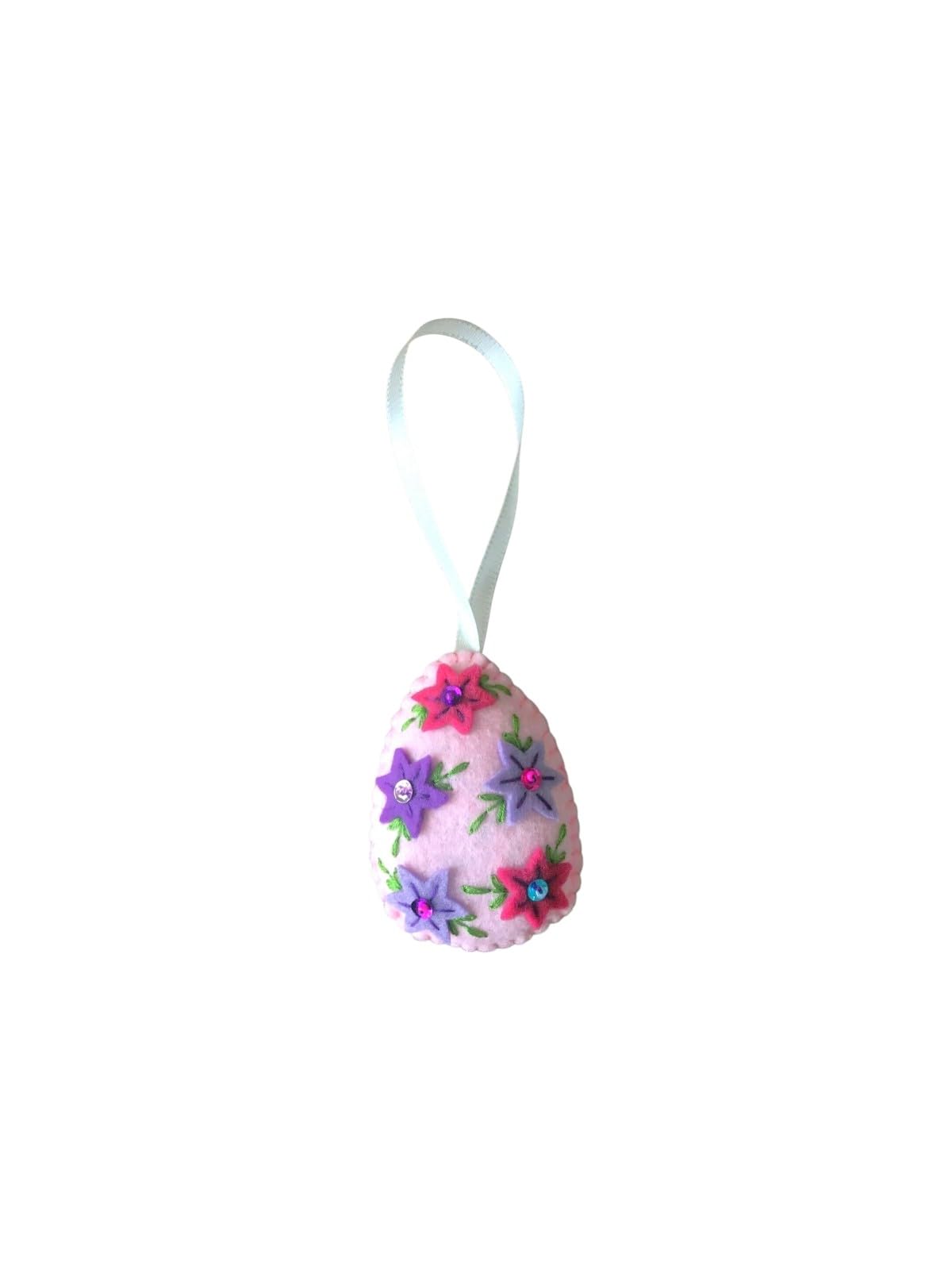 Handmade felt Easter decorations hanging ornaments bunny, chicken, egg (pink egg with purple flowers) — image 1