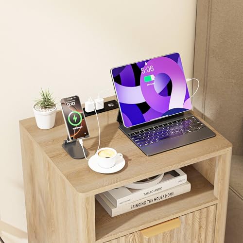 Image of Nightstand with Charging Station, Fluted Bedside Table with 2 Storage Drawer and Open Wood Shelf, Night Stand with Solid Wood Base for Bedroom, Side Table, End Table, Oak