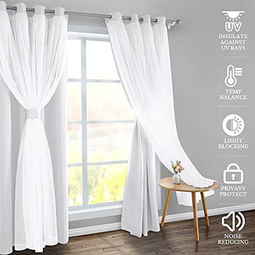 HOMEIDEAS Double Layer Curtains Greyish White Blackout Curtains 84 Inch Length 2 Panels Nursery Grommet Drapes with Sheer Overlay for Girls Kids Bedroom