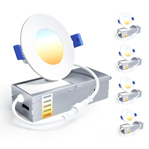 Ensenior 4 Pack 3 Inch LED Recessed Light Dimmable 2700K-5000K 5CCT 500LM High Brightness 6W 120V Damp Rated Ultra-Thin Canless Wafer Light - ETL & FCC & IC