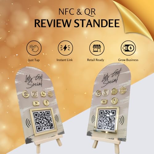 Image of Combo Standee 5-in-1 | NFC & QR Enabled | Connect Review, Instagram, Facebook, YouTube, WhatsApp & More | Share Bio Link Instantly | 5x8 Inch Golden Premium With Wooden Stand