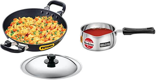 Image of Hawkins - Futura Non-Stick Deep-Fry Pan (Kadhai) with Stainless Steel Lid 1.5 Litre & Stainless Steel Induction Compatible Tpan, Capacity 1 Litre, 4.7 mm