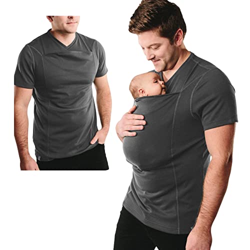 Image of Mens Kangaroo Baby Carrier Shirt - Round Neck Short Sleeve with Big Pocket, Breathable Kangaroo Shirt for Dad and Baby Grey