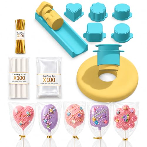 HOKKIEAM Cake Pop Mold Set,5 Shapes With Tray,100 Sticks Wrappers Ties