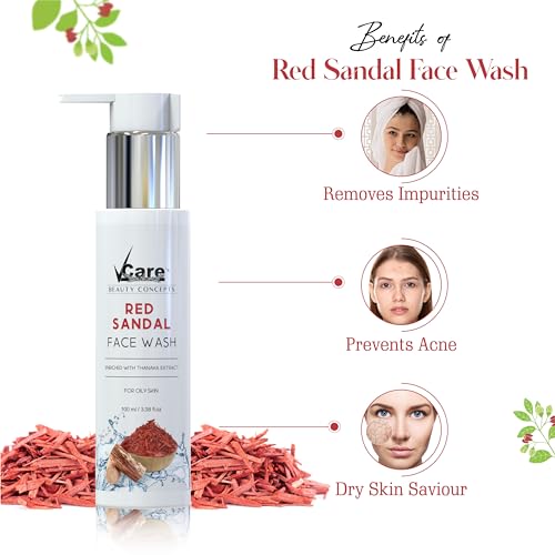 VCare Red Sandal Face Wash for Skin Whitening for Oily Skin | Reduce Acne and Pimples, Women and Men | Facial Cleanser | Skincare Face Cream, Remove Dark Circle 100 ml