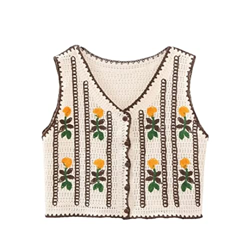 Women Flower Crochet Knitted Vest Sweater V-Neck Sleeveless Pullover Casual Loose Tops