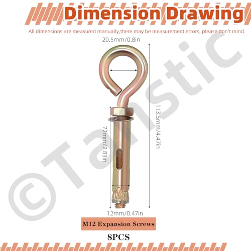 Image of Tanstic 8pcs M12 Heavy Duty Concrete Eye Bolts, Galvanized, Gold, 4.47 inch L x 2.83 inch Thread, 12mm Diameter, Grade 8, For Wall & Ceiling, Brick & Concrete Masonry