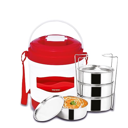 Image of Trueware Marina 4 Lunch Box with 4 Steel Container, 300 ml X 4 Red | PU Insulated | Tiffin | Hot Lunch Box | Leak Proof | Easy to Carry | Food Grade | BPA Free | Office | Outdoors | for Men Women