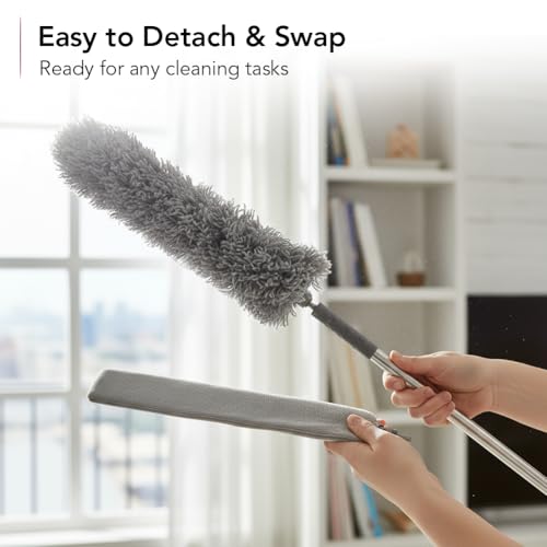 Image of OVENTE Microfiber Duster Cleaning Set with Stainless Steel Extension Pole Up to 96 inch, Washable, Reusable and Bendable Dusters for High Ceiling Fans, Blinds, Furniture, Cobweb and Cars, Grey CTD1526GY