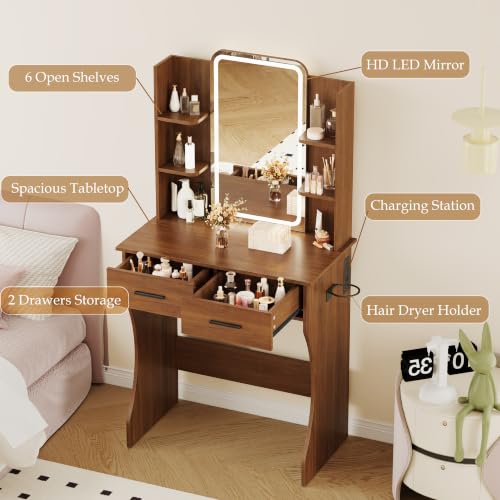 Image of BORNOON Vanity Desk with Mirror and Lights, Small Makeup Vanity Desk with Charging Station, Bedroom Vanity Table with Drawers, Storage Shelves, RGB Ambient Light and Hair Dryer Holder