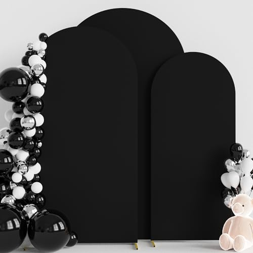 Image of Wokceer Wedding Arch Cover (7.2FT, 6.6FT, 6FT) Set of 3 Spandex Fitted Wedding Arch Stand Covers Round Top Chiara Arch Backdrop Stands Cover for Birthday Party Wedding Ceremony Decor Black
