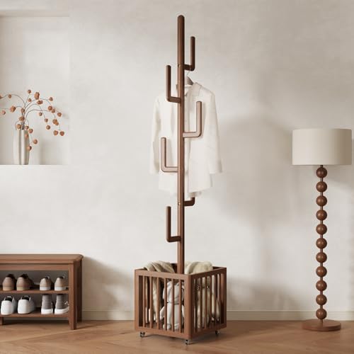 YQJJGL Solid Wood Cactus Coat Rack Freestanding Coat Rack with 6 L-Shaped Hooks and Storage Basket for Coats Hats Handbags Coat Tree for Entryway Bedroom Living Room Walnut