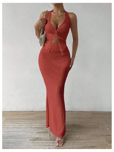 Image of SOLY HUX Women's Two Piece Outfits Twist Front Halter Cami Tops and Skirt Summer Set