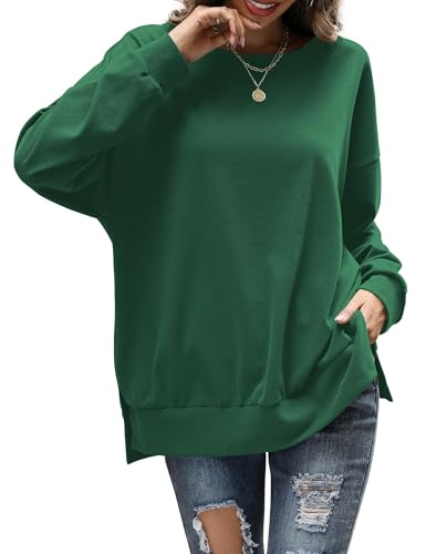Florboom Rundhals Pullover Damen Langarm Sweatshirts Schlitz Oberteile, Dunkelgrün XL