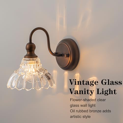 Image of EDISLIVE Vintage Vanity Light for Bathroom ORB 1-Light Bath Wall Light Fixture with Clear Flower Glass Shades 6.7 inch E12 Antique Wall Sconce for Bedroom Hallway Living Room Vanity Mirror