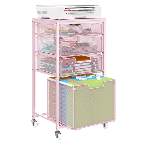 Sbanmao 4 Drawer Rolling File Cart Under Desk Storage, File Cabinets for Home Office, Mobile Filing Cabinet, Hanging File Organizer with Wheels, Utility Cart Printer Stand, Pink
